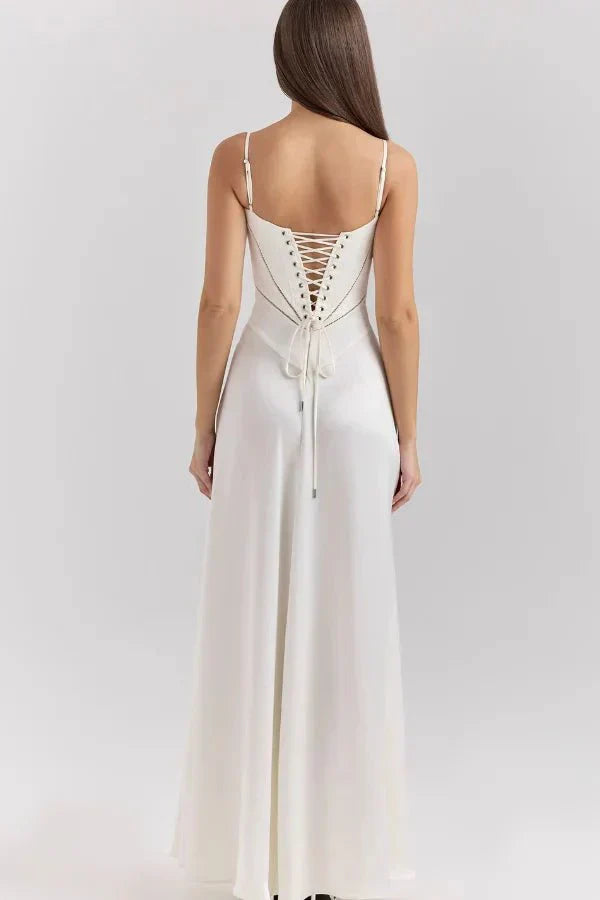 Femme Robe Longue de Soirée à Bretelles Fines avec Col Carré et Laçage Dos