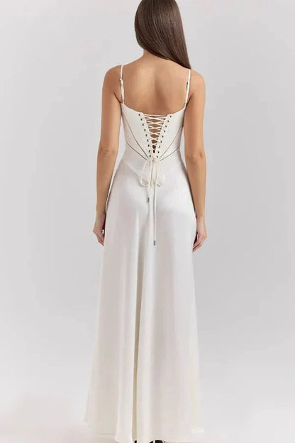 Femme Robe Longue de Soirée à Bretelles Fines avec Col Carré et Laçage Dos