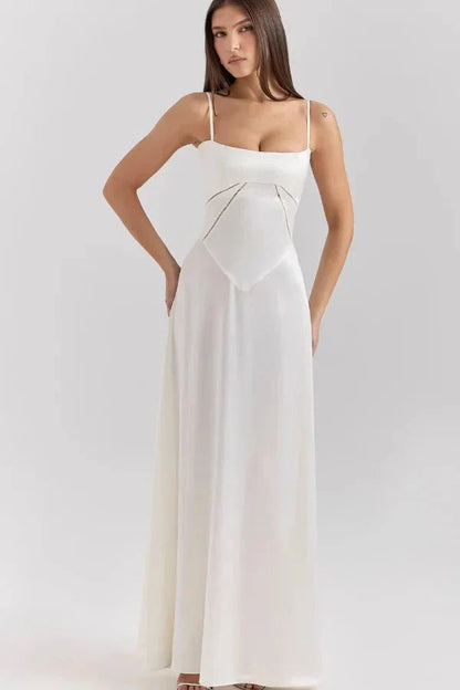 Femme Robe Longue de Soirée à Bretelles Fines avec Col Carré et Laçage Dos