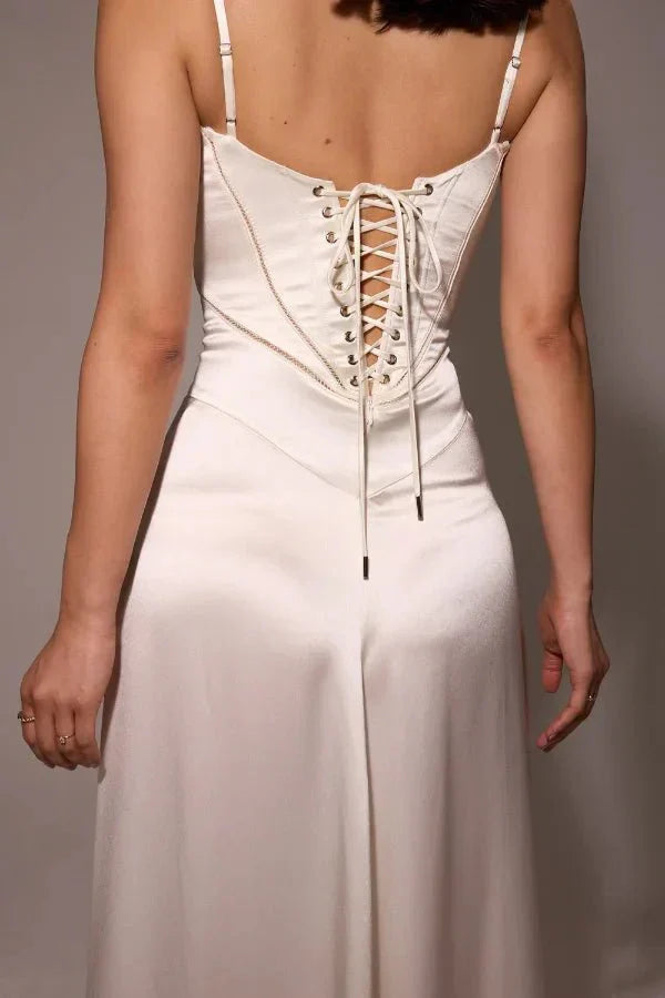 Femme Robe Longue de Soirée à Bretelles Fines avec Col Carré et Laçage Dos