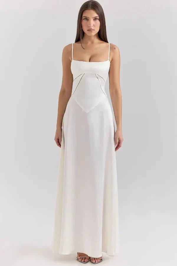 Femme Robe Longue de Soirée à Bretelles Fines avec Col Carré et Laçage Dos