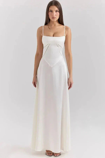 Femme Robe Longue de Soirée à Bretelles Fines avec Col Carré et Laçage Dos