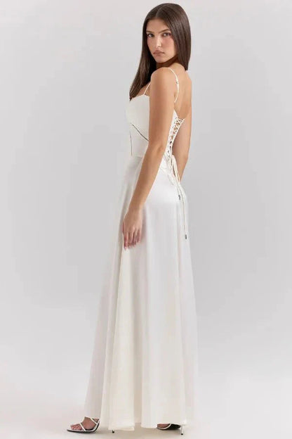 Femme Robe Longue de Soirée à Bretelles Fines avec Col Carré et Laçage Dos