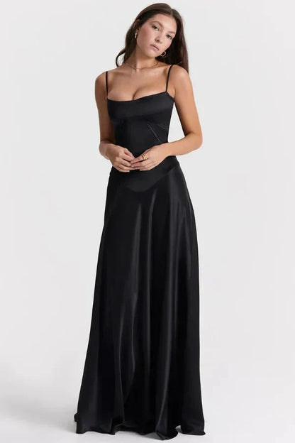 Femme Robe Longue de Soirée à Bretelles Fines avec Col Carré et Laçage Dos