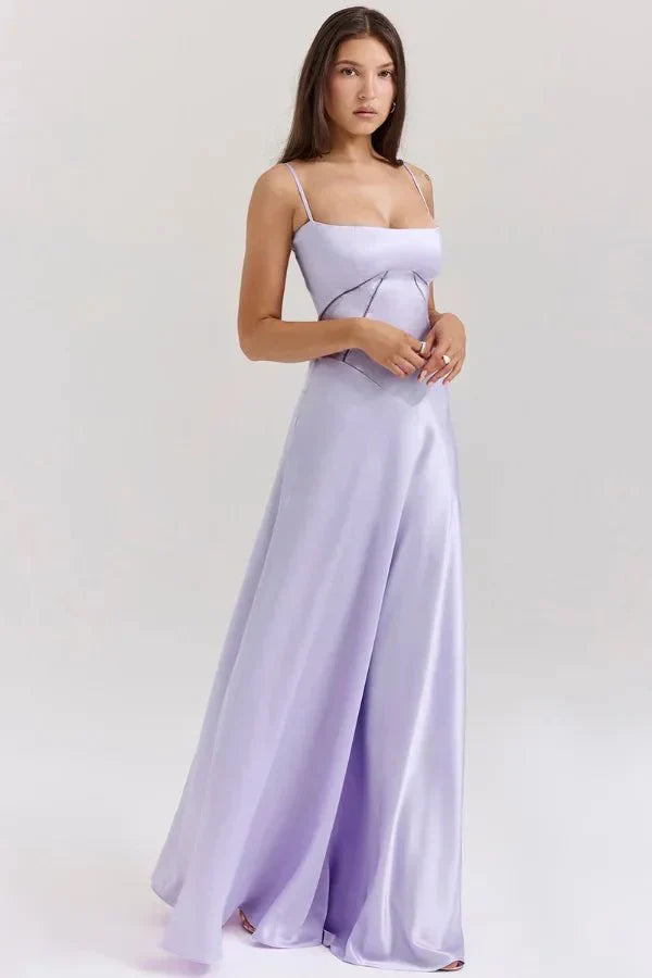Femme Robe Longue de Soirée à Bretelles Fines avec Col Carré et Laçage Dos