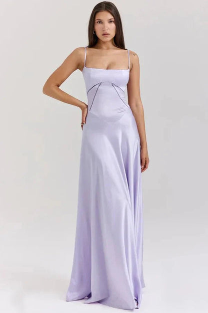 Femme Robe Longue de Soirée à Bretelles Fines avec Col Carré et Laçage Dos