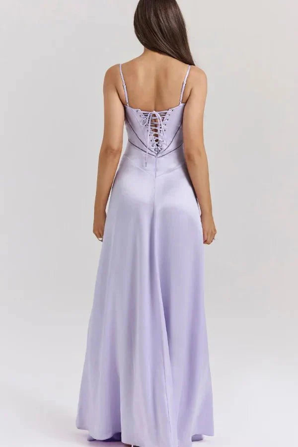 Femme Robe Longue de Soirée à Bretelles Fines avec Col Carré et Laçage Dos