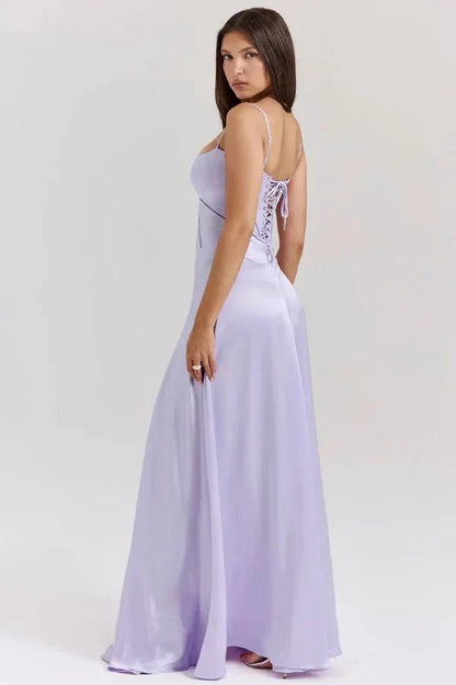 Femme Robe Longue de Soirée à Bretelles Fines avec Col Carré et Laçage Dos