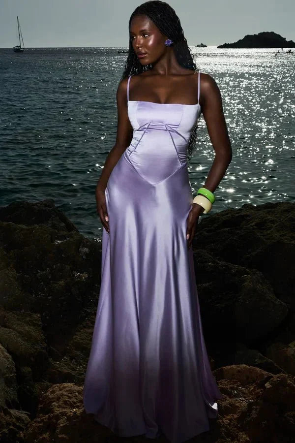 Femme Robe Longue de Soirée à Bretelles Fines avec Col Carré et Laçage Dos