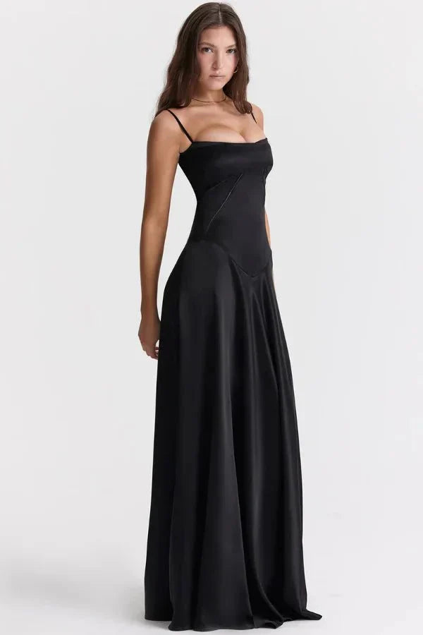 Femme Robe Longue de Soirée à Bretelles Fines avec Col Carré et Laçage Dos