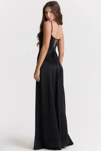 Femme Robe Longue de Soirée à Bretelles Fines avec Col Carré et Laçage Dos
