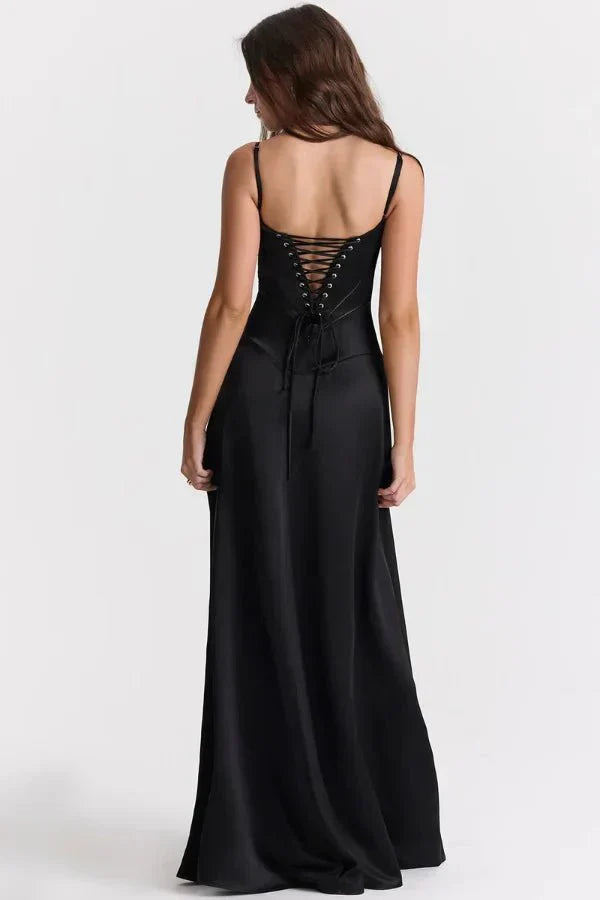 Femme Robe Longue de Soirée à Bretelles Fines avec Col Carré et Laçage Dos