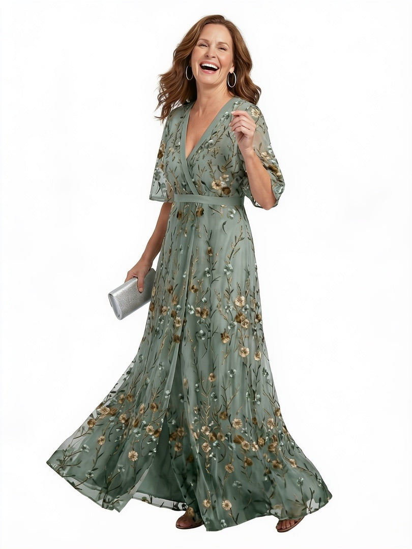 Femme Robe Longue de Soirée avec Col en V et Broderies Florales