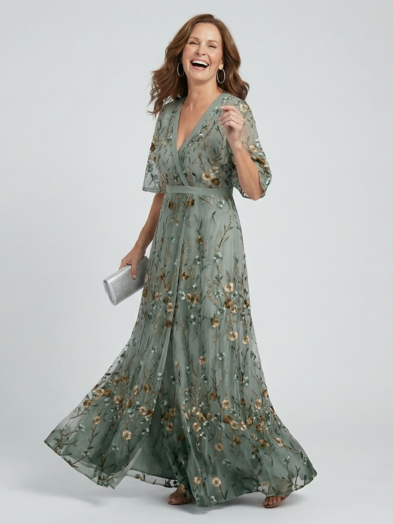 Femme Robe Longue de Soirée avec Col en V et Broderies Florales