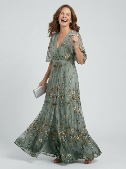 Femme Robe Longue de Soirée avec Col en V et Broderies Florales