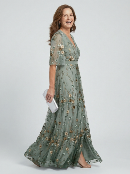Femme Robe Longue de Soirée avec Col en V et Broderies Florales