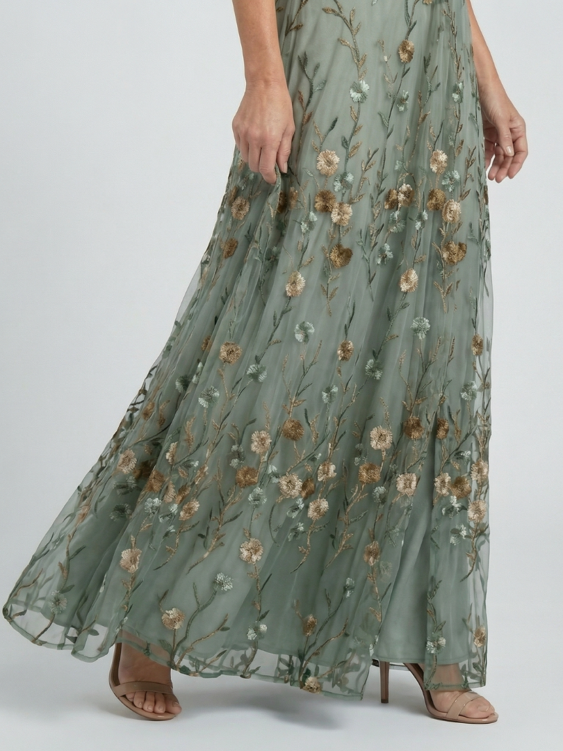 Femme Robe Longue de Soirée avec Col en V et Broderies Florales