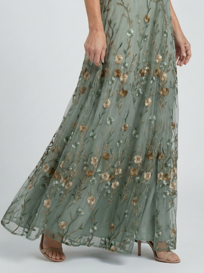 Femme Robe Longue de Soirée avec Col en V et Broderies Florales