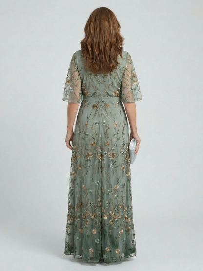Femme Robe Longue de Soirée avec Col en V et Broderies Florales
