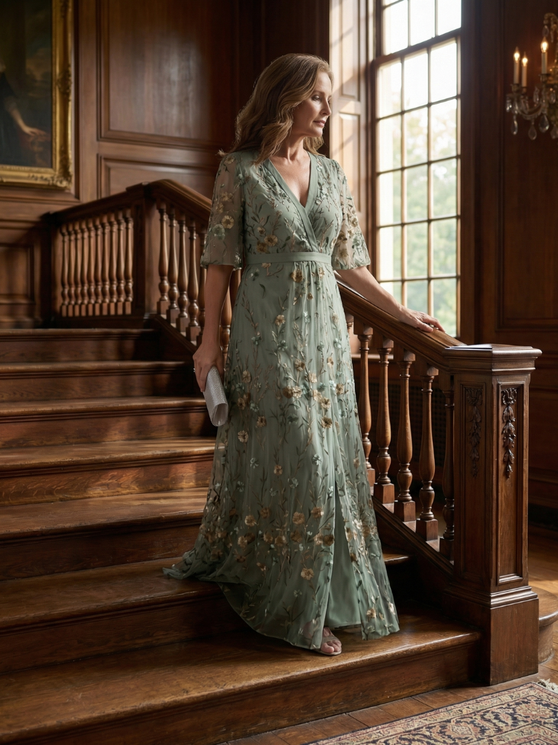 Femme Robe Longue de Soirée avec Col en V et Broderies Florales