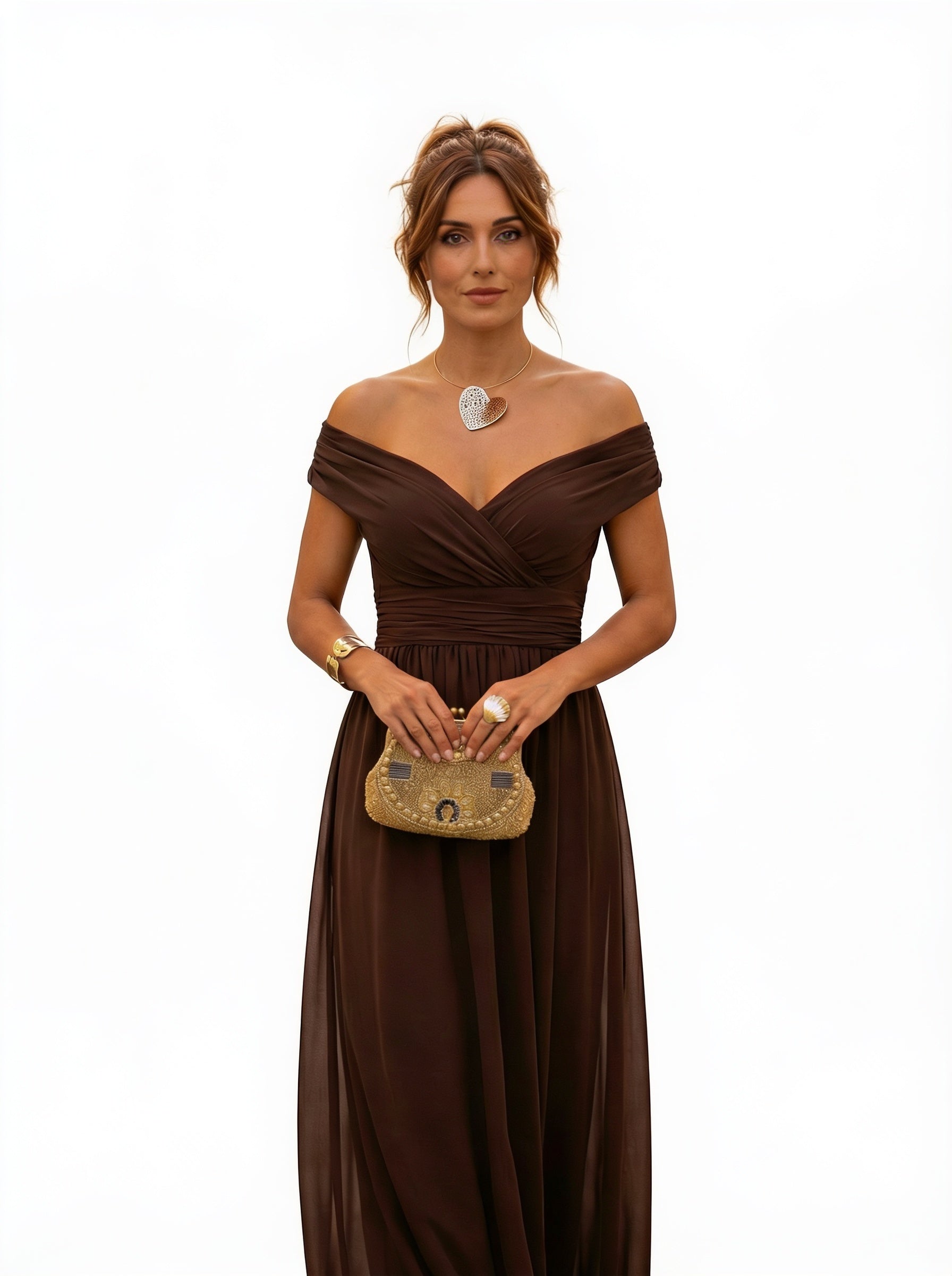 Femme Robe Longue de Soirée Épaules Dénudées avec Col en V et Taille Froncée
