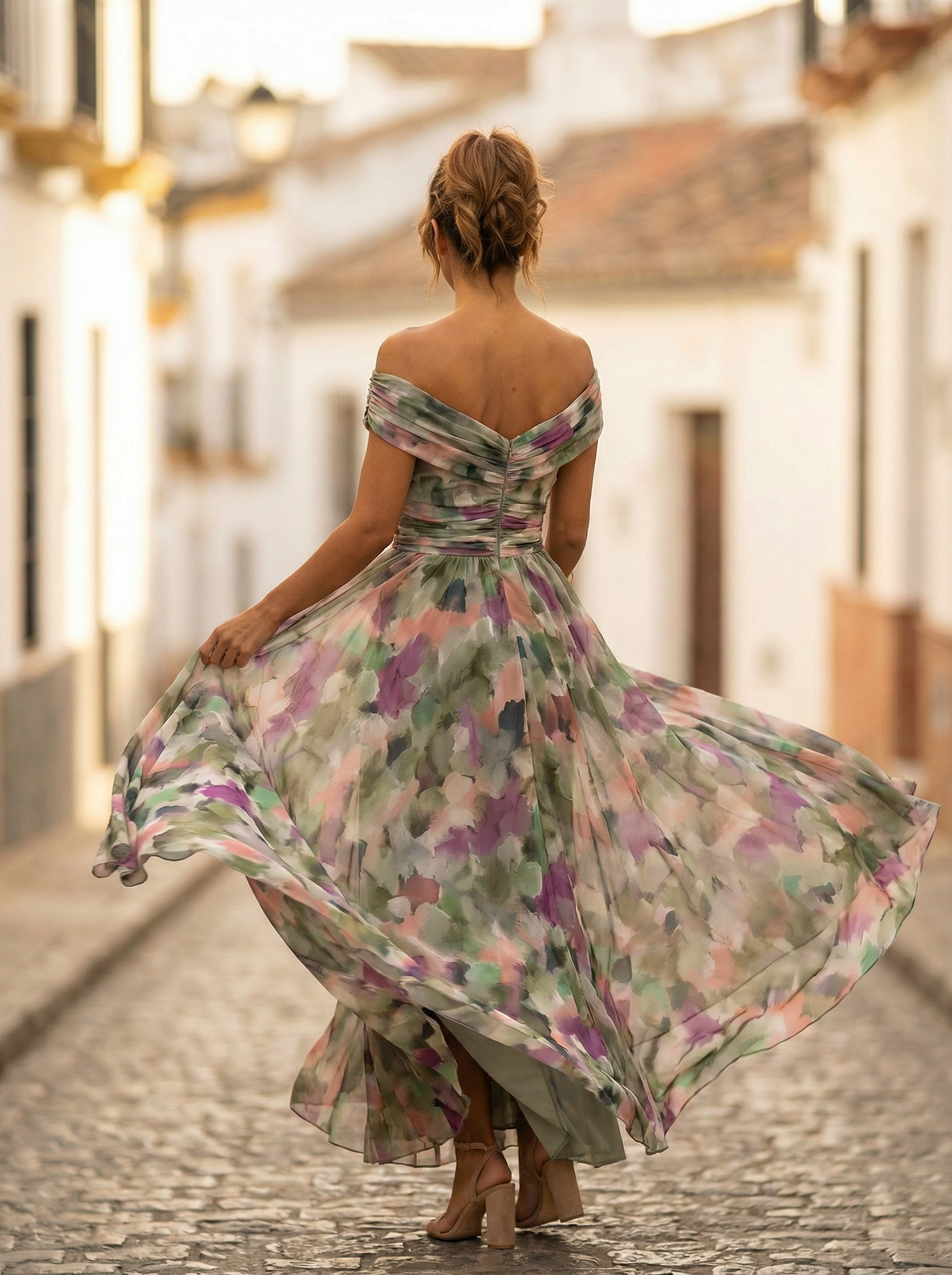 Femme Robe Longue de Soirée Épaules Dénudées avec Col en V et Taille Froncée