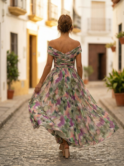 Femme Robe Longue de Soirée Épaules Dénudées avec Col en V et Taille Froncée