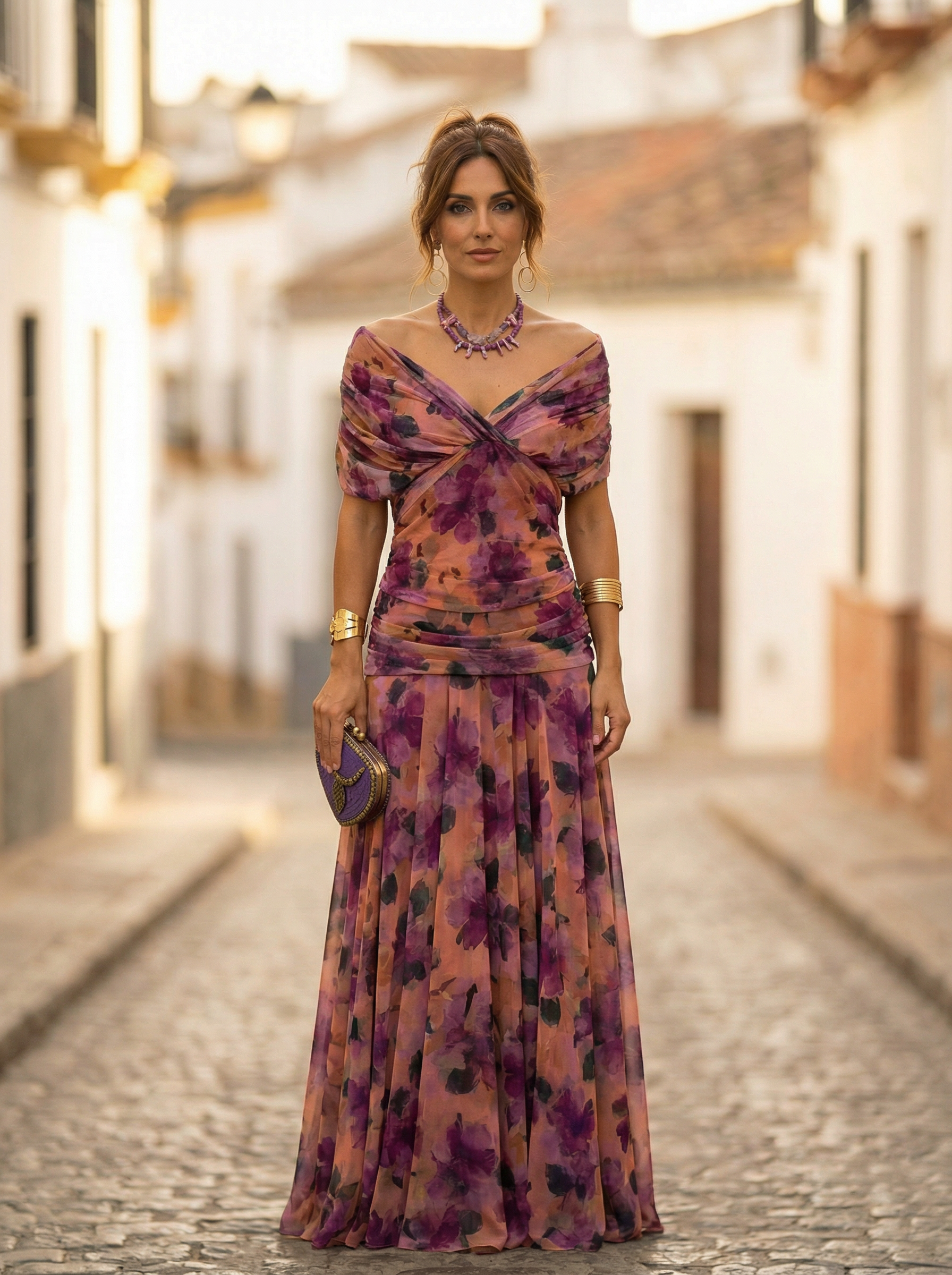 Femme Robe Longue de Soirée Épaules Dénudées avec Col en V et Taille Froncée
