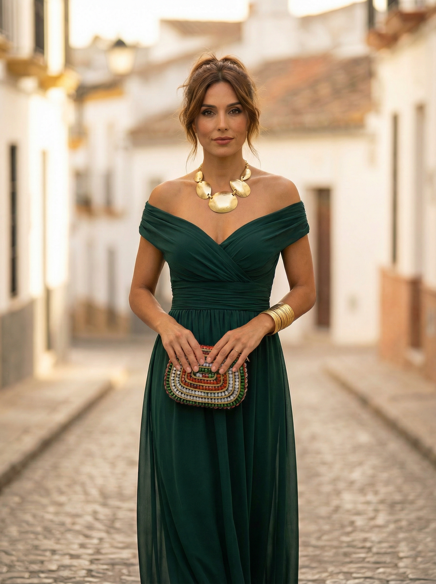 Femme Robe Longue de Soirée Épaules Dénudées avec Col en V et Taille Froncée