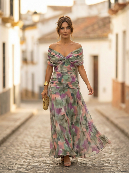 Femme Robe Longue de Soirée Épaules Dénudées avec Col en V et Taille Froncée