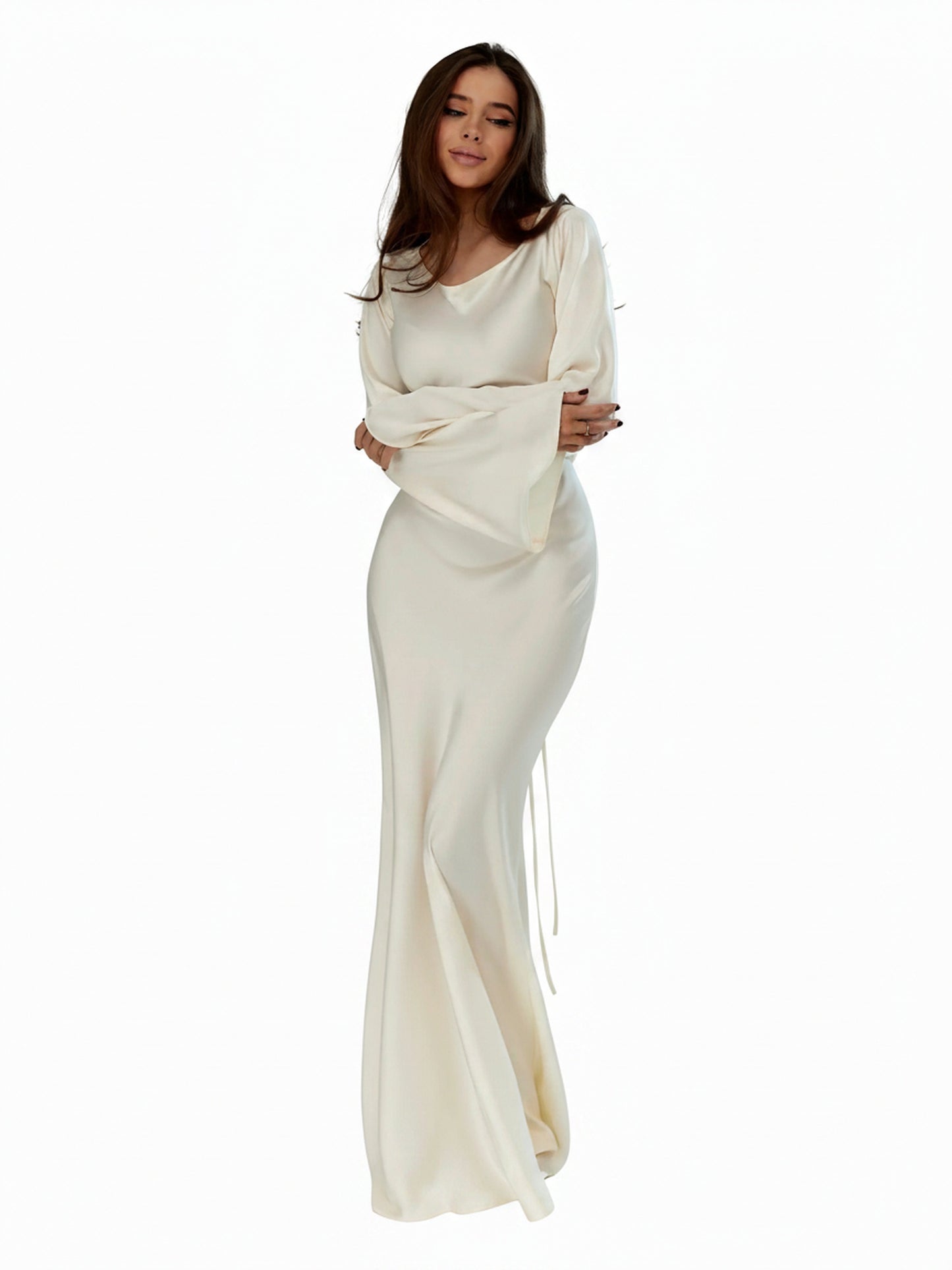 Femme Robe Longue de Soirée Manches Évasées col Bénitier et Silhouette Ajustée
