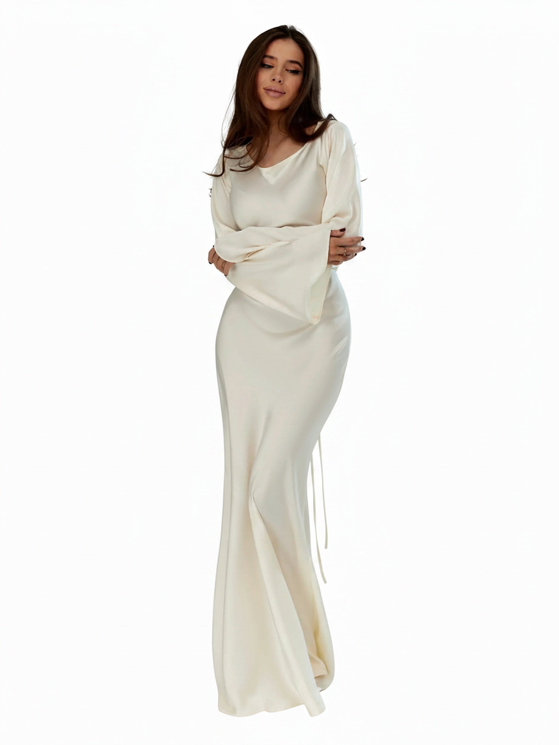 Femme Robe Longue de Soirée Manches Évasées col Bénitier et Silhouette Ajustée