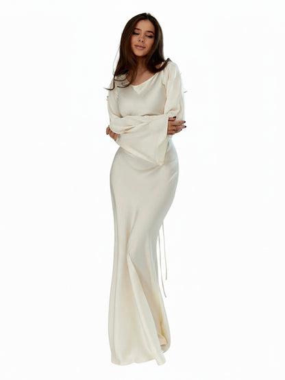 Femme Robe Longue de Soirée Manches Évasées col Bénitier et Silhouette Ajustée