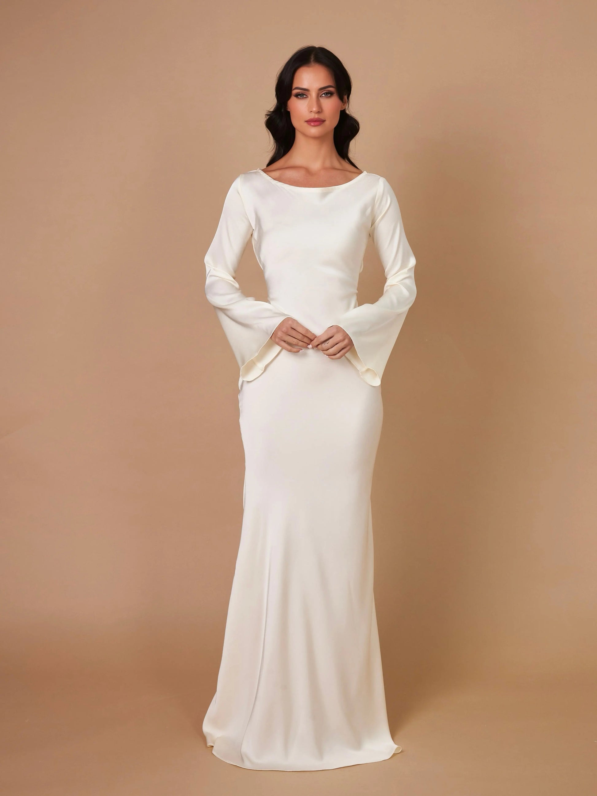 Femme Robe Longue de Soirée Manches Évasées col Bénitier et Silhouette Ajustée