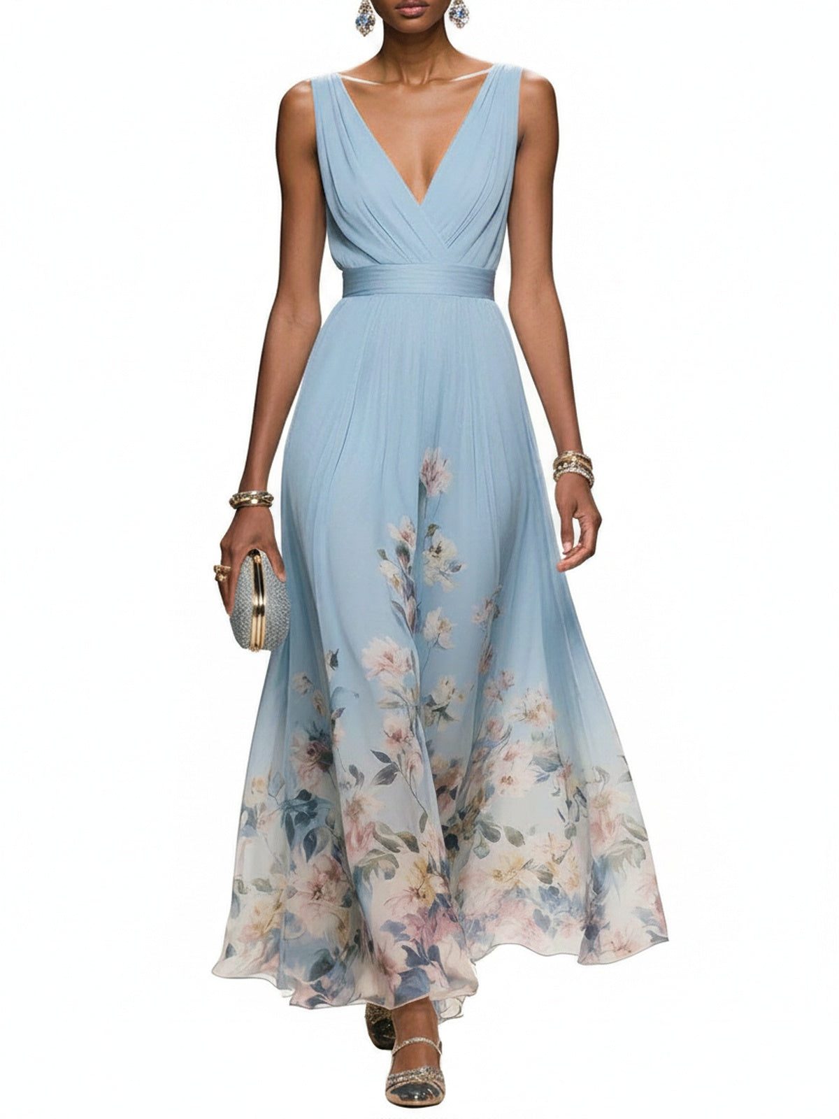 Femme Robe Longue de Soirée sans Manches à Col en V et Imprimé Floral A-ligne