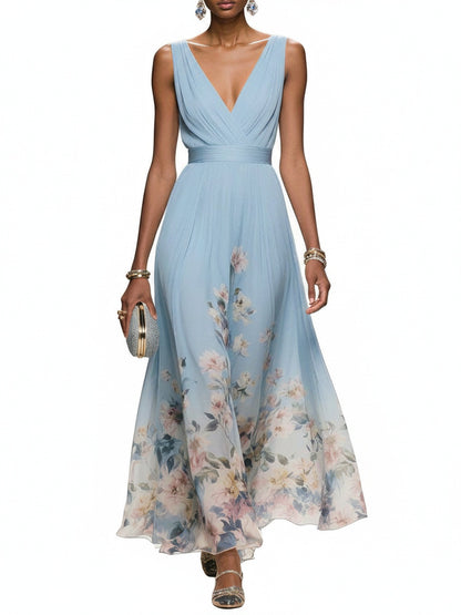 Femme Robe Longue de Soirée sans Manches à Col en V et Imprimé Floral A-ligne