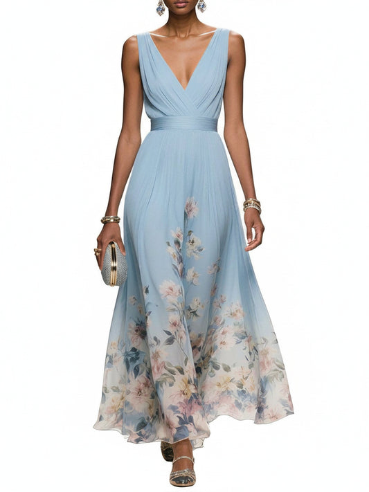 Femme Robe Longue de Soirée sans Manches à Col en V et Imprimé Floral A-ligne