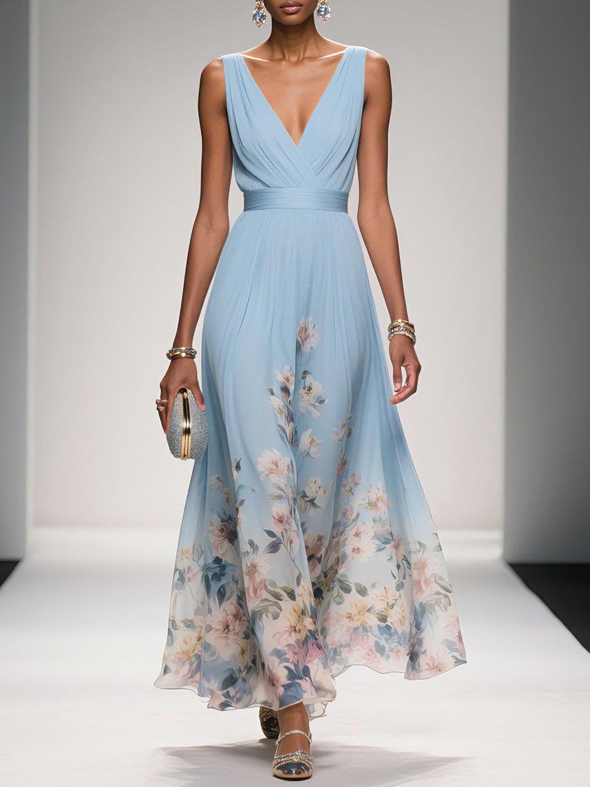 Femme Robe Longue de Soirée sans Manches à Col en V et Imprimé Floral A-ligne