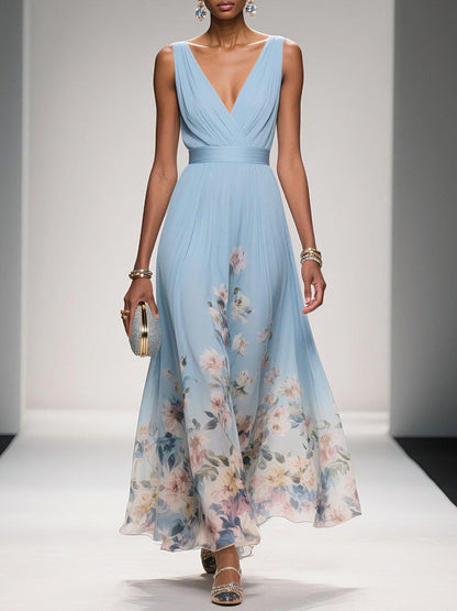 Femme Robe Longue de Soirée sans Manches à Col en V et Imprimé Floral A-ligne