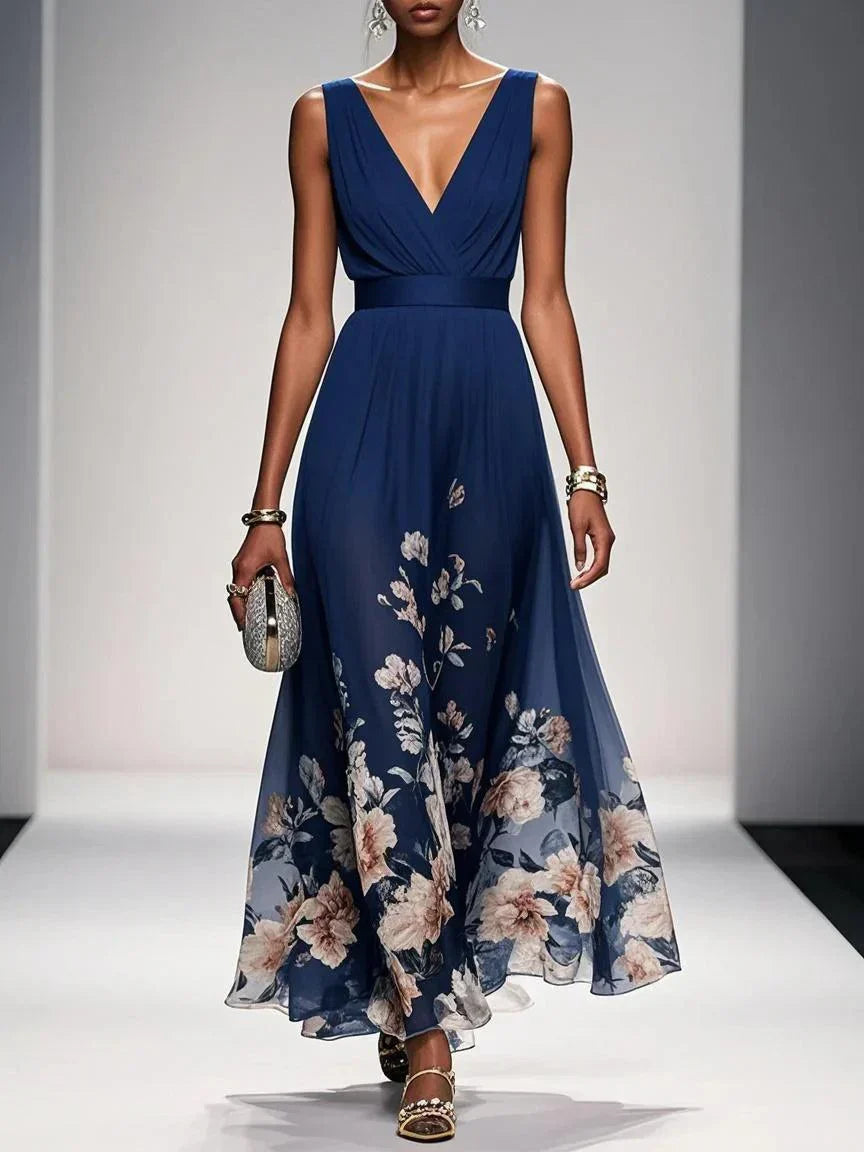 Femme Robe Longue de Soirée sans Manches à Col en V et Imprimé Floral A-ligne