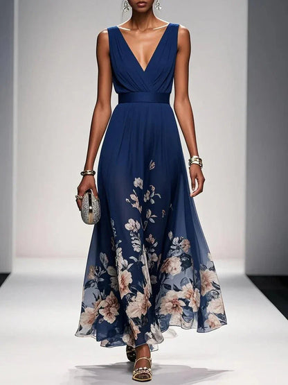 Femme Robe Longue de Soirée sans Manches à Col en V et Imprimé Floral A-ligne