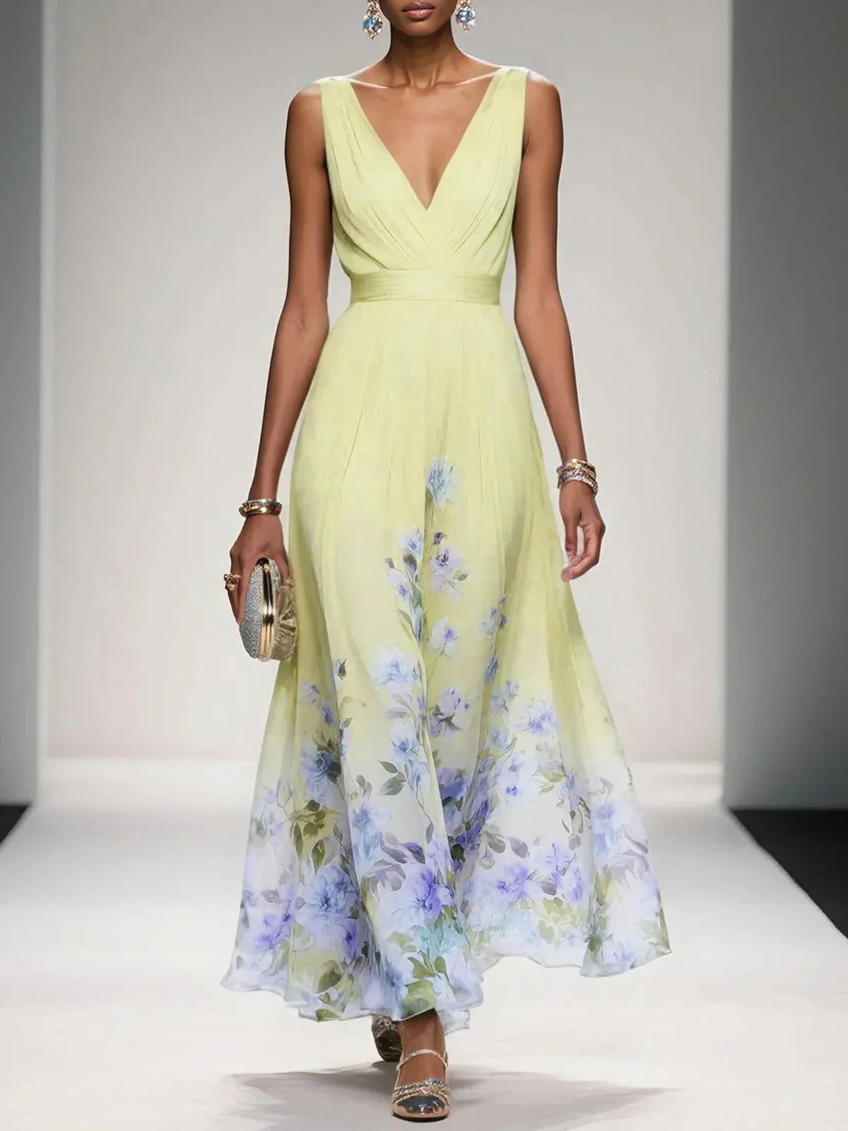 Femme Robe Longue de Soirée sans Manches à Col en V et Imprimé Floral A-ligne