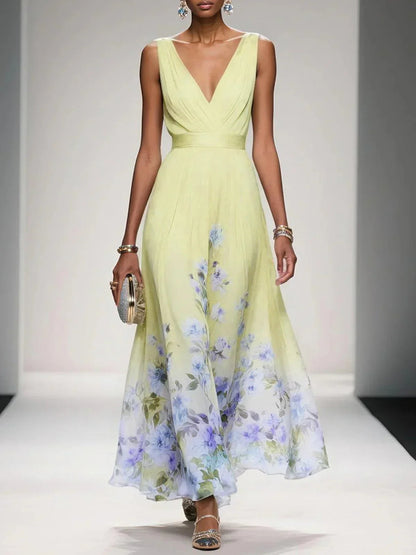 Femme Robe Longue de Soirée sans Manches à Col en V et Imprimé Floral A-ligne