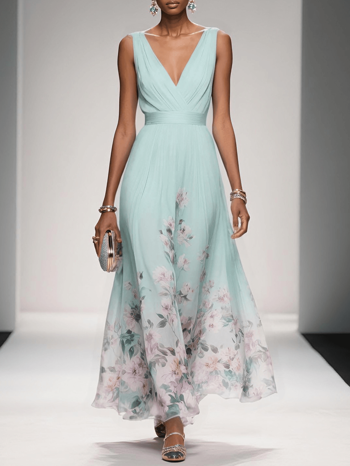 Femme Robe Longue de Soirée sans Manches à Col en V et Imprimé Floral A-ligne