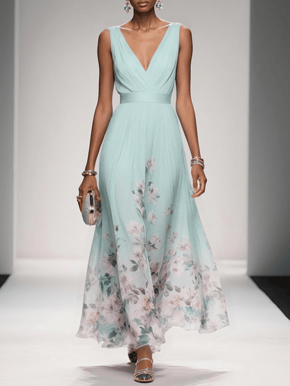 Femme Robe Longue de Soirée sans Manches à Col en V et Imprimé Floral A-ligne