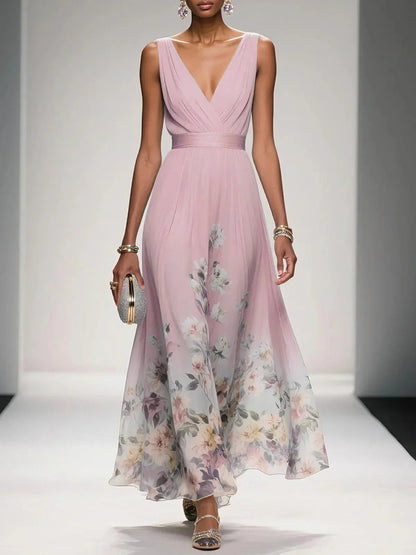 Femme Robe Longue de Soirée sans Manches à Col en V et Imprimé Floral A-ligne