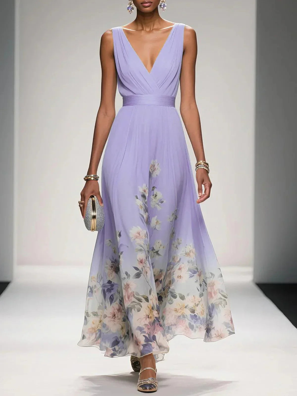 Femme Robe Longue de Soirée sans Manches à Col en V et Imprimé Floral A-ligne