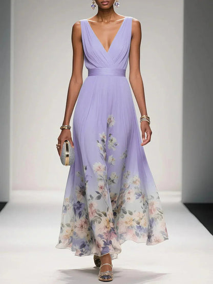 Femme Robe Longue de Soirée sans Manches à Col en V et Imprimé Floral A-ligne