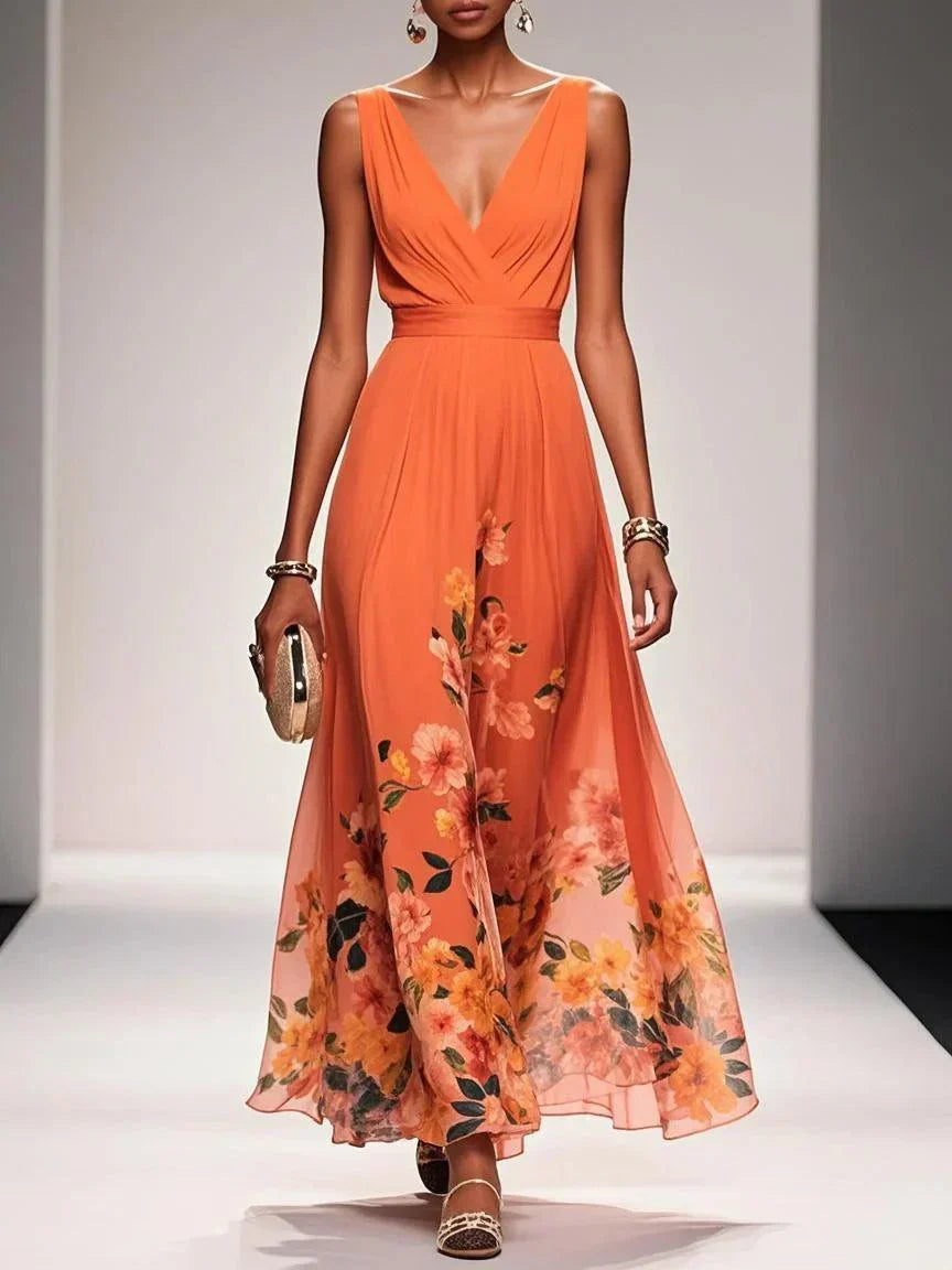 Femme Robe Longue de Soirée sans Manches à Col en V et Imprimé Floral A-ligne