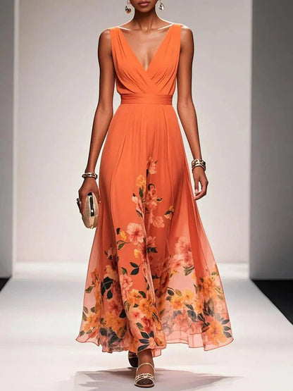 Femme Robe Longue de Soirée sans Manches à Col en V et Imprimé Floral A-ligne